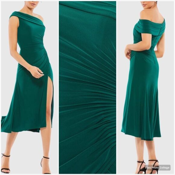 MAC DUGGAL 26484 Womens Green  Ruched Off-The-Shoulder Midi Dress - Picture 1 of 14